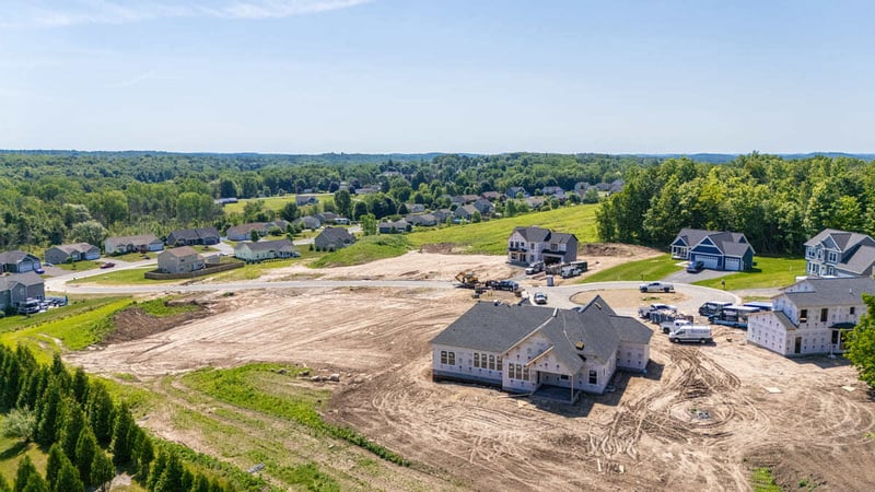 Drone view of new construction in progress in Walworth, NY by Gerber Homes