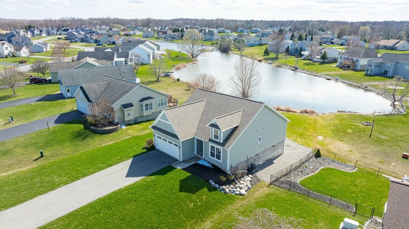 Drone view of custom home exterior in Ontario, NY by Gerber Homes