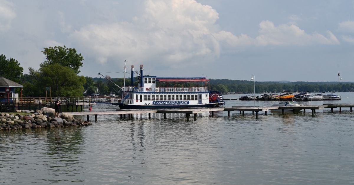 Lake Canandaigua view with ferry and building in the distance