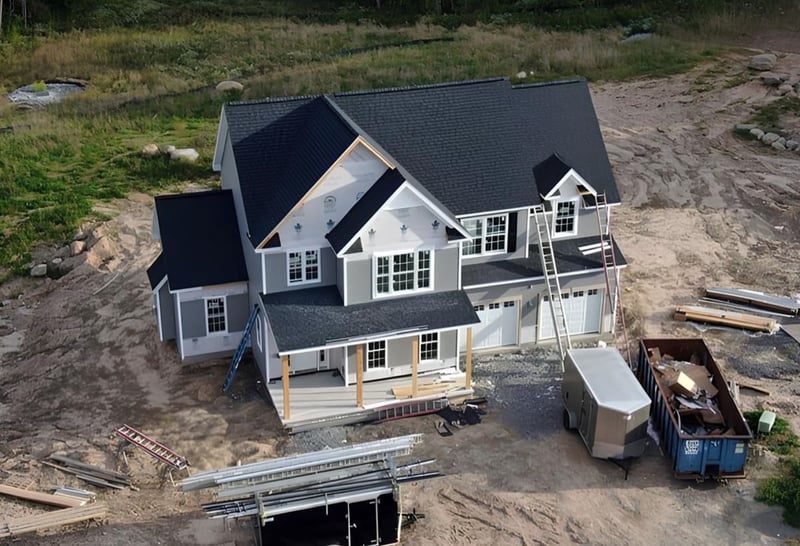 Drone view of new home construction progress in Southgate Hills community in greater Rochester