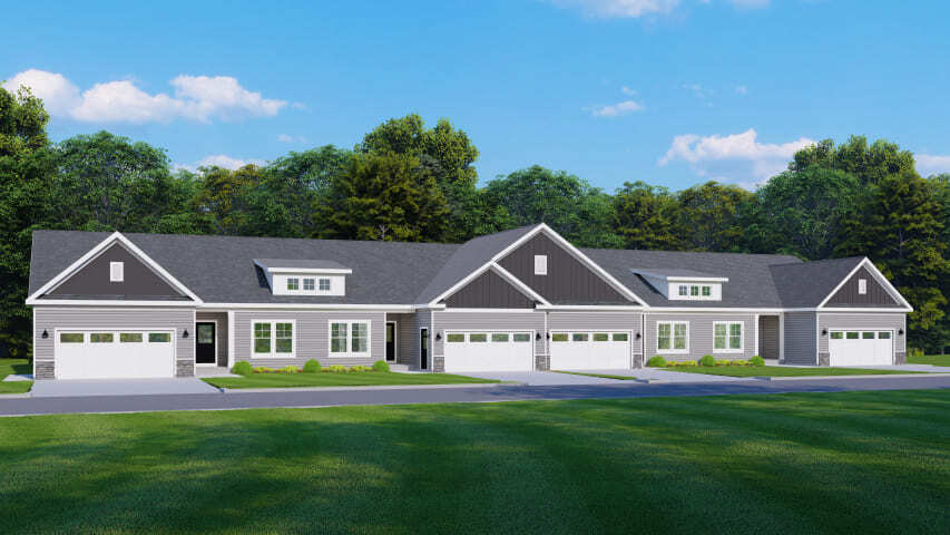 Fourmile Creek community townhome elevation of four-unit exterior by Gerber Homes in Greater Rochester
