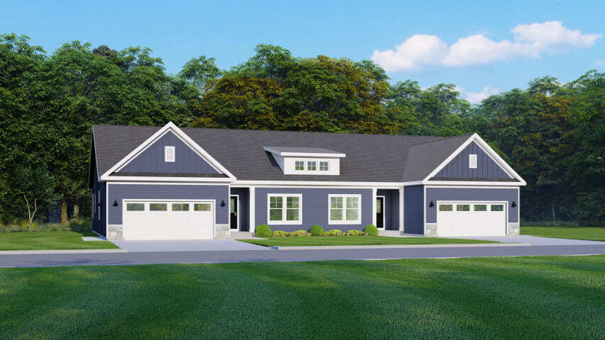 Fourmile Creek community townhome elevation of two-unit exterior by Gerber Homes in Greater Rochester