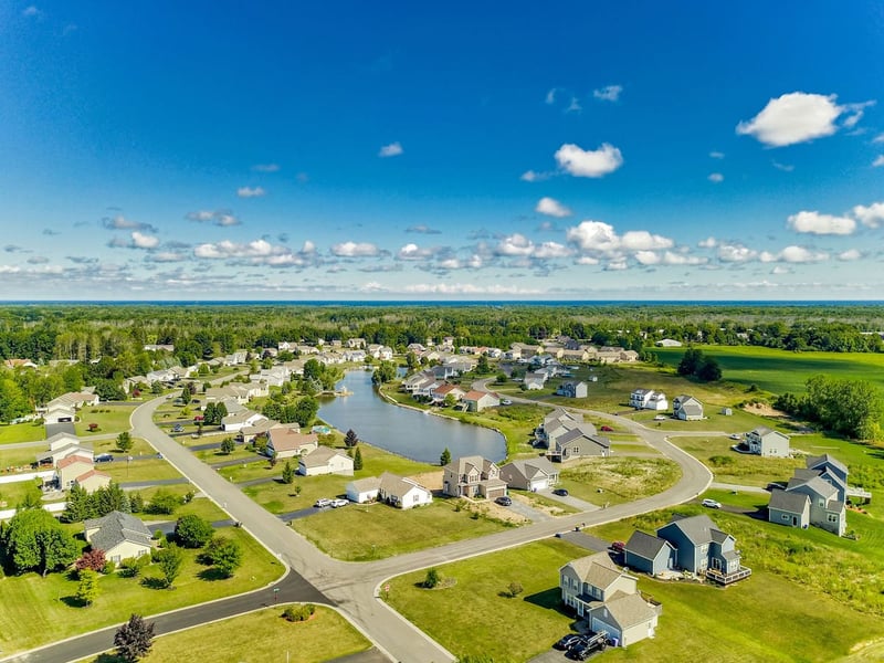 Greater Rochester area drone view of neighborhood on sunny day