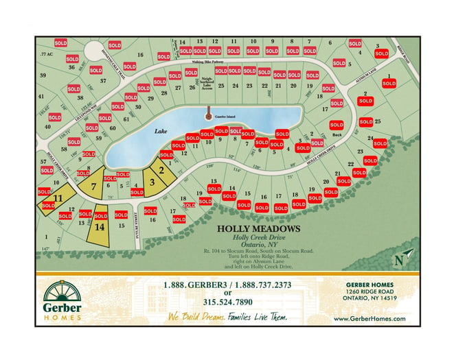 Holly Meadows new home community in Ontario, NY map of sold custom home lots