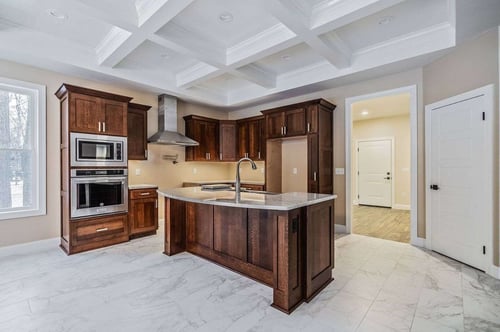 Custom Kitchen Rochester NY, Custom Wooden cabinets, granite countertops, marble flooring, Coffered Ceilings, recessed lighting