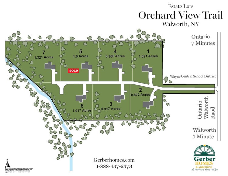 Map of Orchard View Trail estate lots near Rochester, NY, showing lot sizes and locations updated Auguest 12, 2025