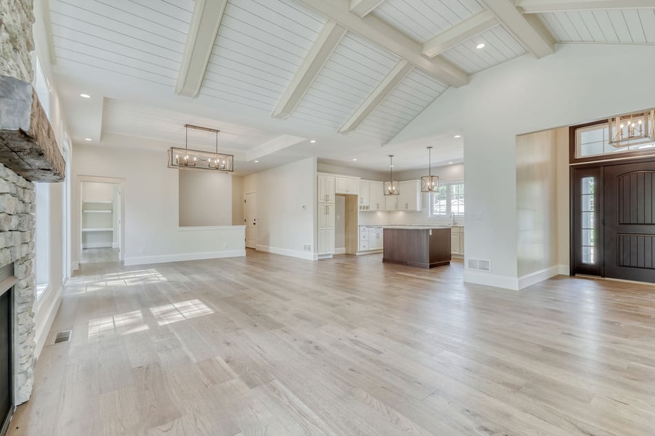 Open concept custom ranch home with vaulted ceilings