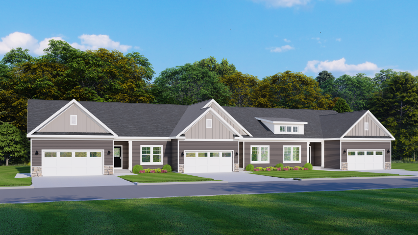 Fourmile Creek community townhome elevation of three-unit exterior by Gerber Homes