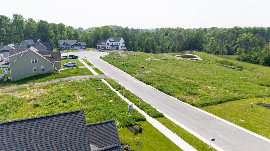 Aerial view of Southgate Hills by Gerber Homes in the Rochester area, showing open lots