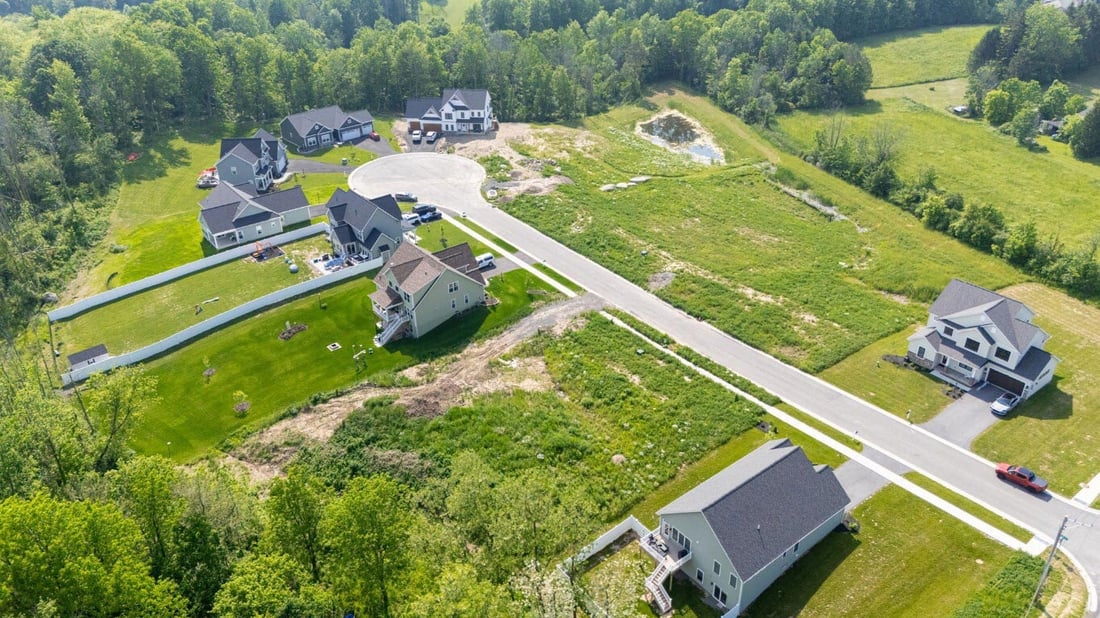 Aerial view of Southgate Hills neighborhood in the Rochester area, showing homes and green lots