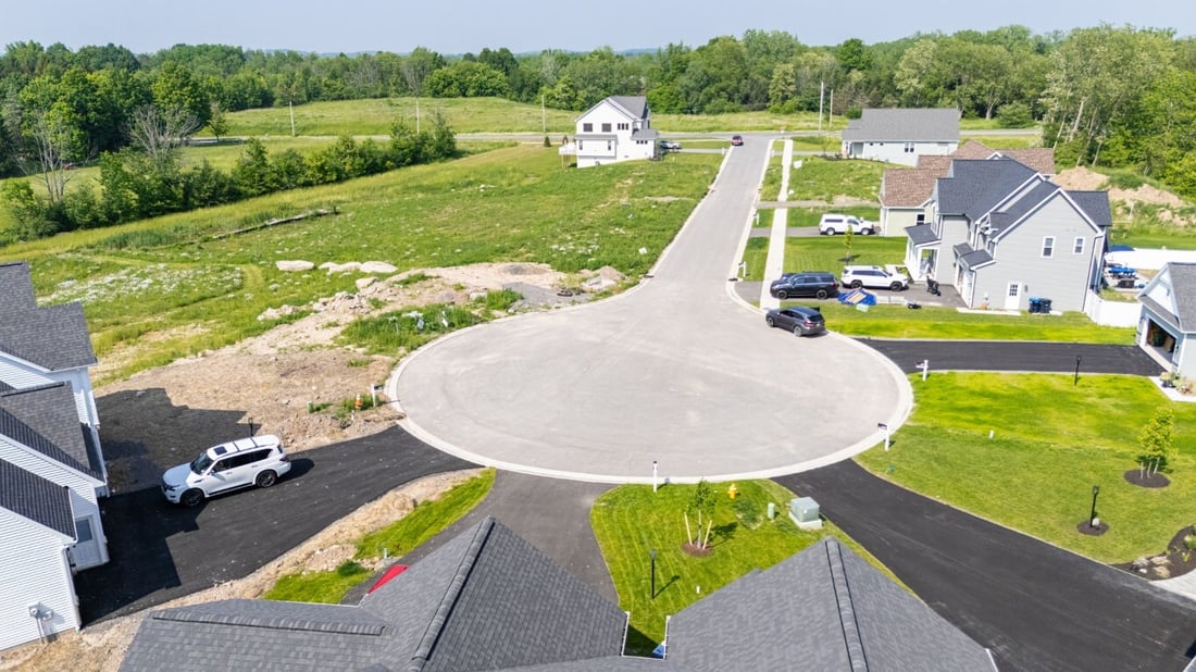 Cul-de-sac view of Southgate Hills neighborhood offered by Gerber Homes in the Rochester area
