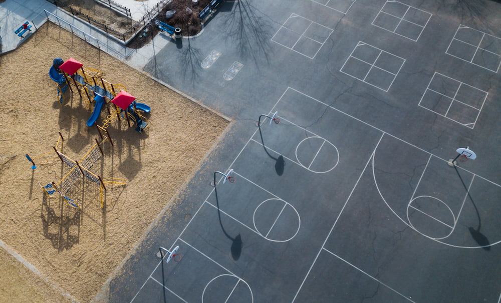 Bird's eye view of recess yard and courts at school