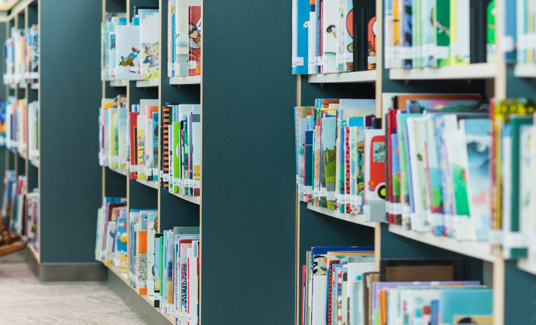 Rows of bookshelves in school library