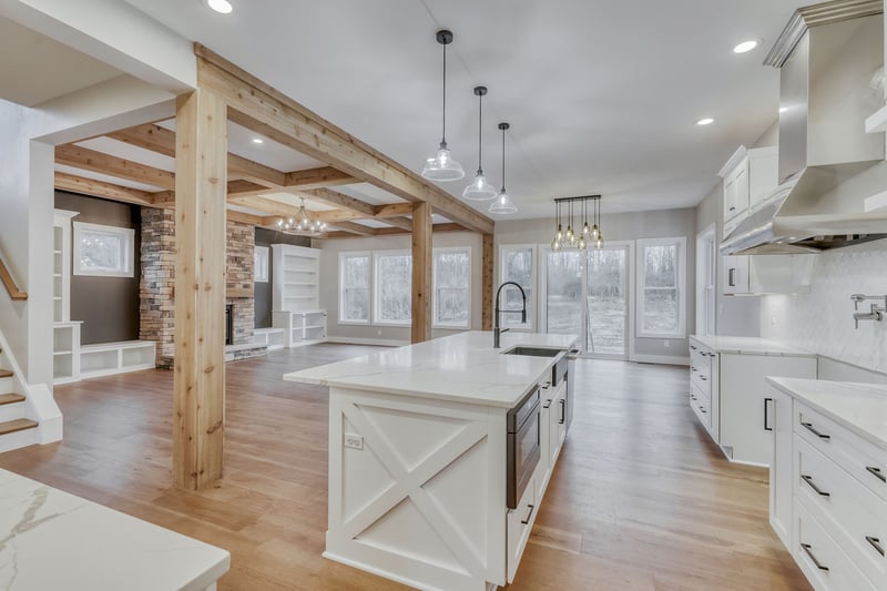 Open-concept kitchen on first floor of Rochester custom home by Gerber Homes