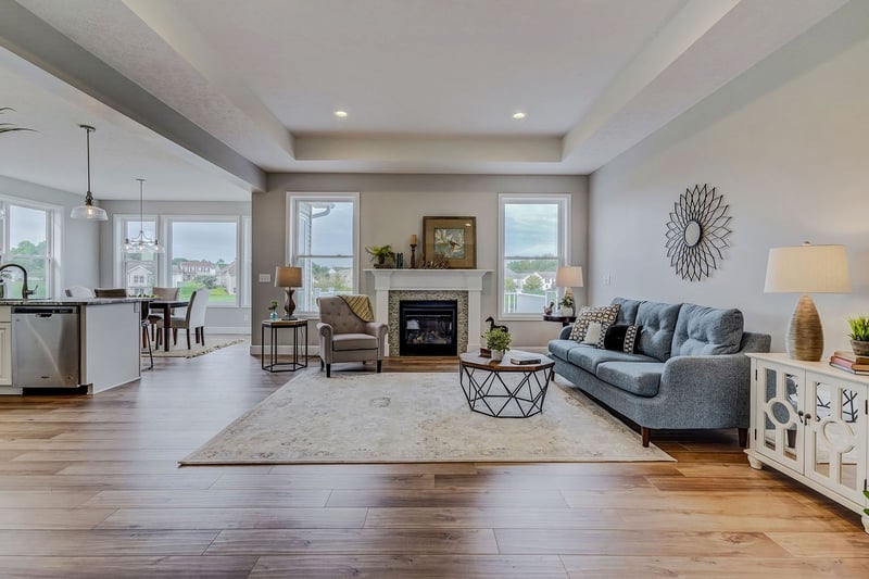 View of open-concept living room in Rochester-area custom home